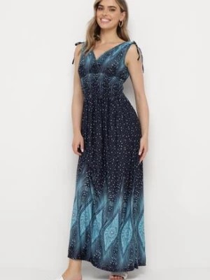 Zdjęcie produktu Niebiesko-Granatowa Sukienka Maxi z Wiskozy z Gumką w Talii w Stylu Boho Salura