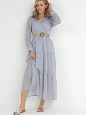 Zdjęcie produktu Jasnoniebieska Sukienka z Kopertowym Dekoltem i Plecionym Paskiem Dirmi
