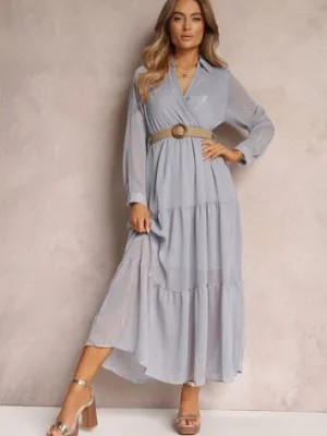 Zdjęcie produktu Jasnoniebieska Sukienka z Kopertowym Dekoltem i Plecionym Paskiem Velo