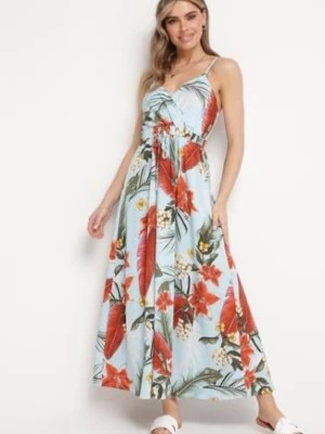 Zdjęcie produktu Jasnoniebieska Sukienka z Wiskozy o Rozkloszowanym Kroju i Kopertowym Dekolcie na Ramiączkach Gilinestia