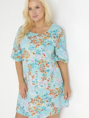 Zdjęcie produktu Jasnoniebieska Trapezowa Sukienka Mini z Wiskozy w Kwiaty Donnia