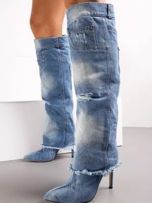 Zdjęcie produktu Jasnoniebieskie Kozaki Jeansowe na Szpilce z Przetarciami i Wywiniętą Cholewką Politre