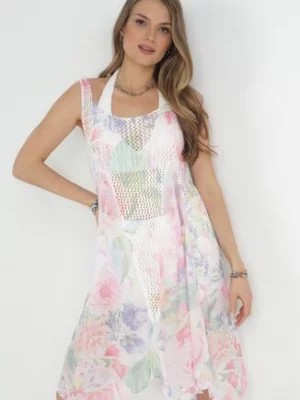 Zdjęcie produktu Jasnoróżowa Plażowa Sukienka z Siateczką i Wzorem w Kwiaty Raby
