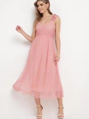 Zdjęcie produktu Jasnoróżowa Rozkloszowana Sukienka z Tiulem na Cienkich Ramiączkach z Gumką w Talii Mleara