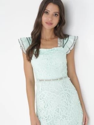 Zdjęcie produktu Jasnozielona Ażurowa Sukienka Midi z Falbankami przy Ramionach Adelana