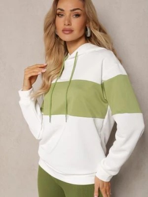 Zdjęcie produktu Biało-Zielona Bluza z Bawełny Typu Kangur z Kapturem Hetella