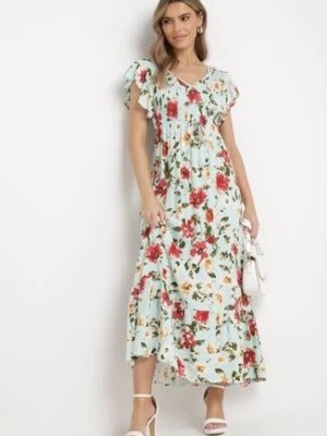 Zdjęcie produktu Jasnozielona Rozkloszowana Sukienka Maxi z Wiskozy w Kwiatowy Print Unadis