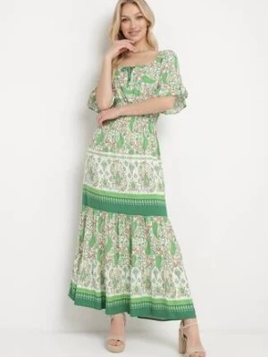 Zdjęcie produktu Jasnozielona Sukienka z Bawełny Wiązana przy Dekolcie z Gumką w Pasie Adhara