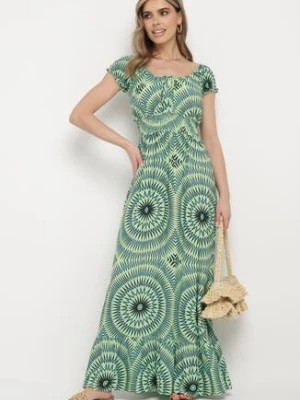 Zdjęcie produktu Jasnozielona Wiskozowa Sukienka o Rozkloszowanym Kroju z Wiązaniem przy Dekolcie i Gumką w Talii Wicia