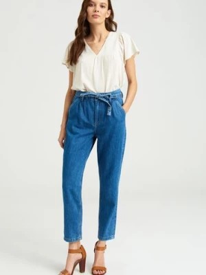 Zdjęcie produktu Jeansowe spodnie damskie wiązane w pasie Greenpoint