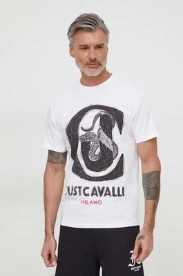 Zdjęcie produktu Just Cavalli t-shirt bawełniany męski kolor biały z nadrukiem 76OAHC14 CJ600