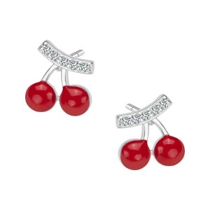 Zdjęcie produktu Kolczyki srebrne ozdobione czerwoną emalią i cyrkoniami - wiśnie - Mini Mini - Biżuteria YES
