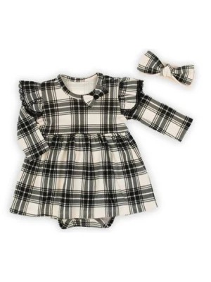 Zdjęcie produktu Komplet bawełniany niemowlęcy sukienko-body+ opaska w kratkę czarny Nicol