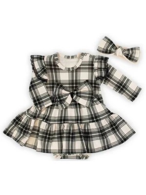 Zdjęcie produktu Komplet bawełniany niemowlęcy sukienko-body+ opaska w kratkę czarny Nicol