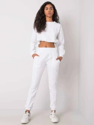 Zdjęcie produktu Komplet dresowy biały casual sportowy bluza i spodnie dekolt okrągły rękaw długi nogawka ze ściągaczem długość długa marszczenia Merg
