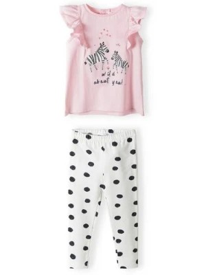 Zdjęcie produktu Komplet dla niemowlaka- różowy t-shirt + białe legginsy w grochy Minoti