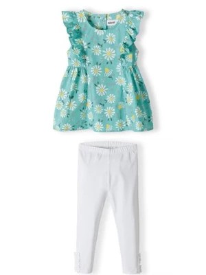 Zdjęcie produktu Komplet niemowlęcy - zielona bluzka w kwiaty + białe legginsy Minoti