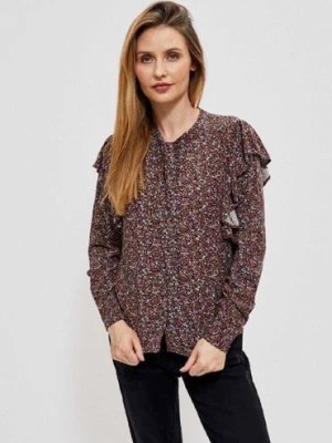 Zdjęcie produktu Koszula damska z wiązanym dekoltem i falbanami- brązowa Moodo
