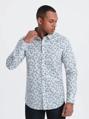 Zdjęcie produktu Koszula męska SLIM FIT w print gałązek - niebiesko-szara V2 OM-SHPS-0163
 -                                    XL