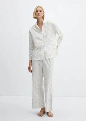 Zdjęcie produktu Koszula piżamowa z bawełny z kwiatowym haftem Mango