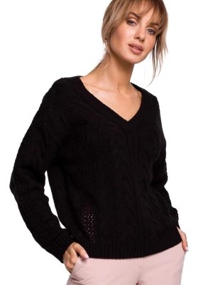 Zdjęcie produktu Lekki sweter damski ażurowy z dekoltem V splot w warkocz czarny Polskie swetry