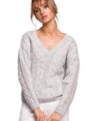 Zdjęcie produktu Lekki sweter damski ażurowy z dekoltem V splot w warkocz szary Polskie swetry