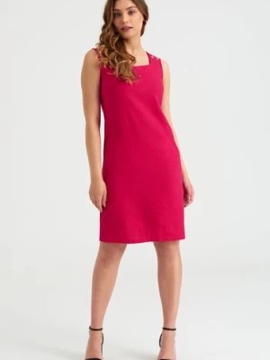 Zdjęcie produktu Lniana Różowa gładka sukienka damska na ramiączka Greenpoint