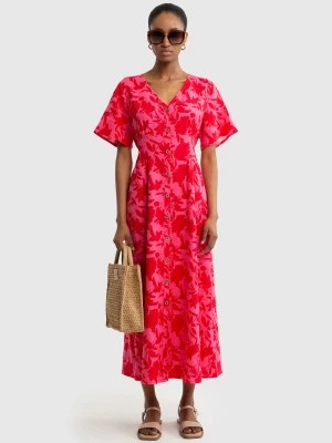 Zdjęcie produktu Lniana sukienka damska midi z motywem kwiatowym z guzikami różowa Victorine 601 BIG STAR