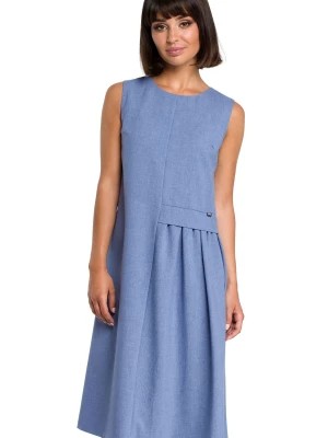 Zdjęcie produktu Lniana sukienka trapezowa na lato bez rękawów z marszczeniem niebieska Be Active