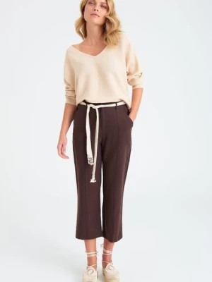 Zdjęcie produktu Lniane Szerokie spodnie damskie z ozdobnym wiązaniem brązowe Greenpoint