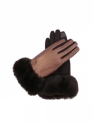 Zdjęcie produktu Luksusowe ciemnobrązowe rękawiczki damskie wykończone futerkiem syntetycznym Kazar