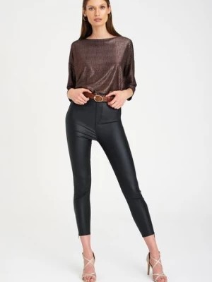 Zdjęcie produktu Luźna brązowa bluzka damska z połyskującym efektem - Greenpoint