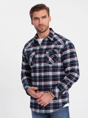 Zdjęcie produktu Męska flanelowa koszula w kratę z kieszeniami - granatowo-czerwona V2 OM-SHCS-0149
 -                                    M
