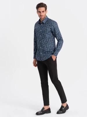 Zdjęcie produktu Męska koszula bawełniana we wzory SLIM FIT - ciemnoniebieska V1 OM-SHCS-0151
 -                                    M