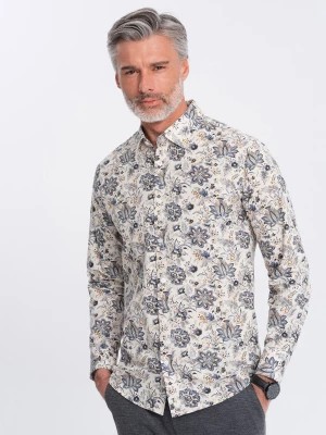 Zdjęcie produktu Męska koszula SLIM FIT we wzór florystyczny - beżowo-szara V1 OM-SHPS-0139
 -                                    L