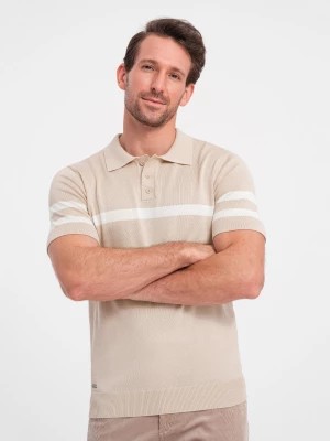 Zdjęcie produktu Męska koszulka polo z miękkiej dzianiny z kontrastowymi pasami - beżowa V4 OM-POSS-0118
 -                                    S