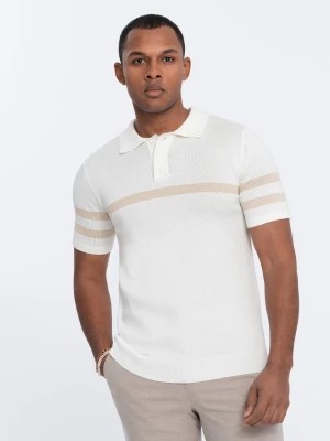 Zdjęcie produktu Męska koszulka polo z miękkiej dzianiny z kontrastowymi pasami - kremowa V3 OM-POSS-0118
 -                                    XL