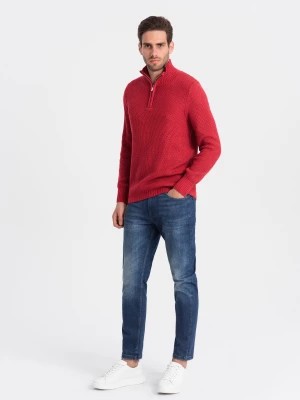 Zdjęcie produktu Męski dzianinowy sweter z rozpinaną stójką - czerwony V8 OM-SWZS-0105
 -                                    S