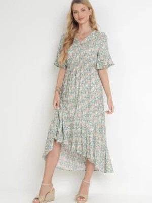 Zdjęcie produktu Miętowa Sukienka Midi z Gumką w Pasie i Przedłużanym Tyłem z Wiskozy Bellandra