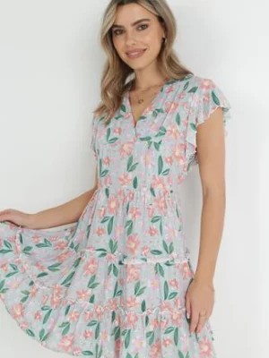Zdjęcie produktu Miętowa Sukienka Taliowana z Wiskozy w Kwiaty Adomisia