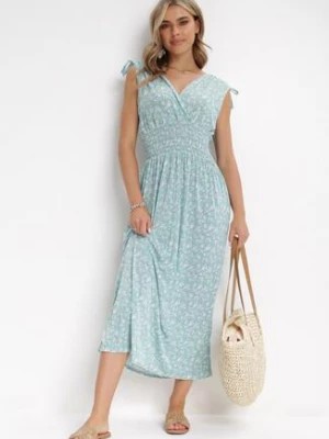 Zdjęcie produktu Miętowa Sukienka ze Ściągaczami Maxi na Ramionach i Gumką w Talii w Kwiaty Justus