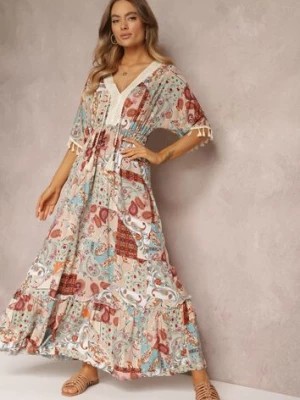 Zdjęcie produktu Miętowo-Beżowa Sukienka z Patchworkowym Wzorem i Chwostami Phyrine