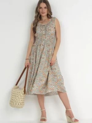 Zdjęcie produktu Miętowo-Brązowa Rozkloszowana Sukienka Midi na Szerokich Ramiączkach z Gumkami w Pasie Anelanie