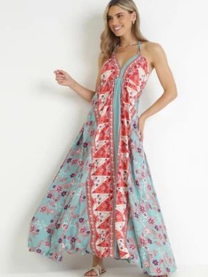 Zdjęcie produktu Miętowo-Czerwona Rozkloszowana Sukienka Maxi z Wiązaniem na Szyi z Wiskozy Apollina