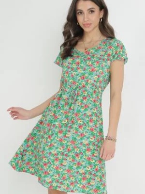 Zdjęcie produktu Miętowo-Zielona Rozkloszowana Sukienka Mini z Wiskozy w Kwiaty ze Sznurkiem Marani