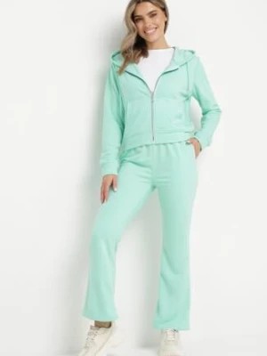 Zdjęcie produktu Miętowy Bawełniany Komplet Dresowy Bluza z Kapturem i Spodnie Dzwony Nanre