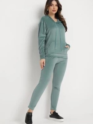 Zdjęcie produktu Miętowy Komplet Dresowy z Weluru Bluza z Kapturem i Spodnie z Gumką w Pasie Avinlia