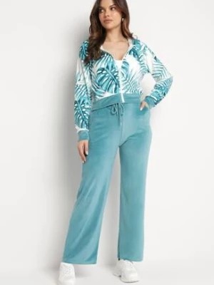 Zdjęcie produktu Miętowy Welurowy Komplet Dresowy Bluza z Florystycznym Printem i Szerokie Spodnie Taniussa