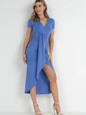 Zdjęcie produktu Niebieska Asymetryczna Sukienka Kopertowa z Marszczeniami Adephelia