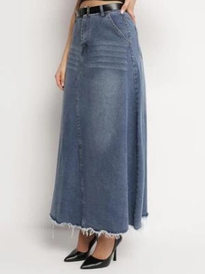 Zdjęcie produktu Niebieska Bawełniana Spódnica Jeansowa Trapezowa ze Strzępieniami i Paskiem Loraithen